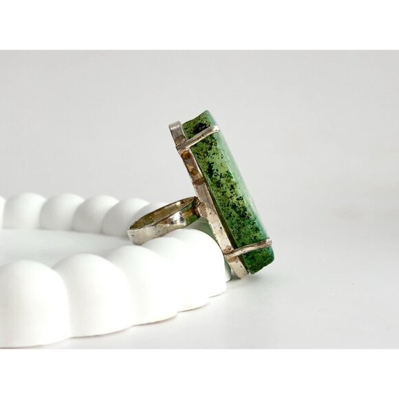 XL Green Agate Stone Vintage Polished Solitaire Sterling Silver Ring - sz 7.5 - Picture 4 of 10